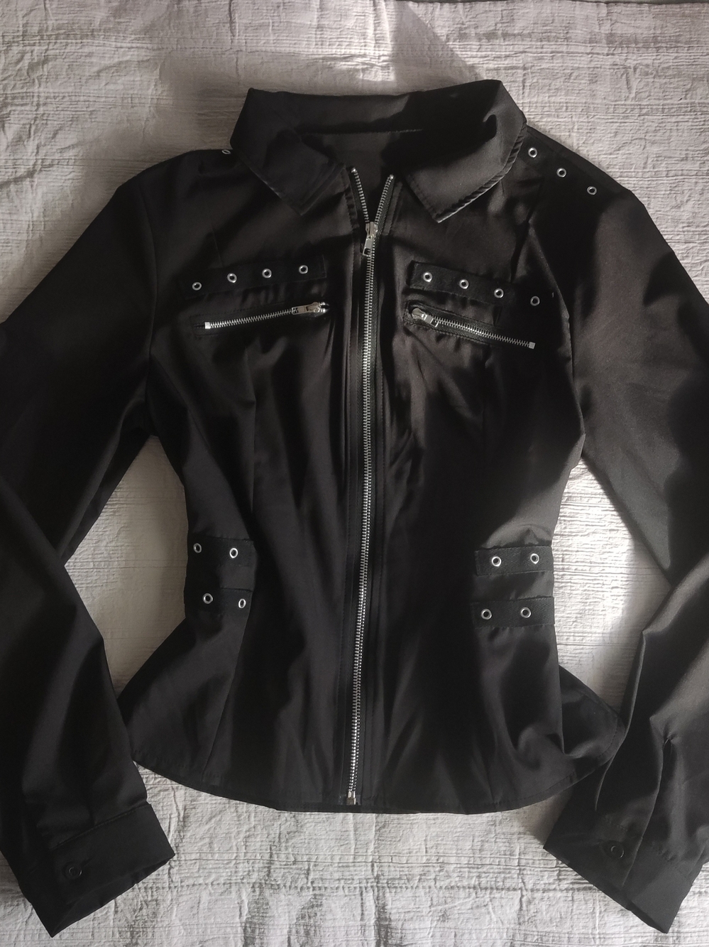 SHEIN Black Eyelet Zip-Front Women's Jacket